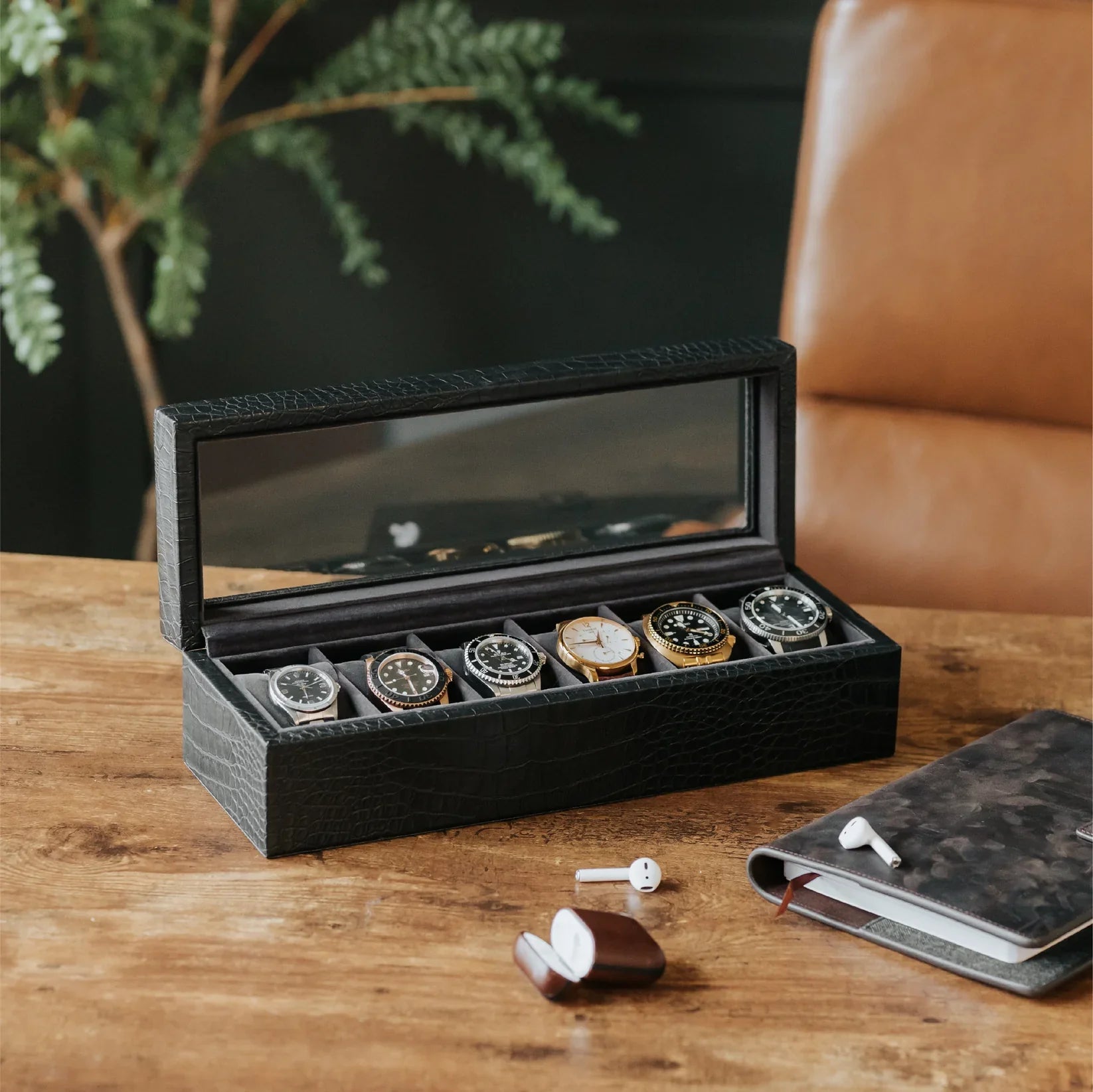 Faux Crocodile Watch Box - 6 Slot