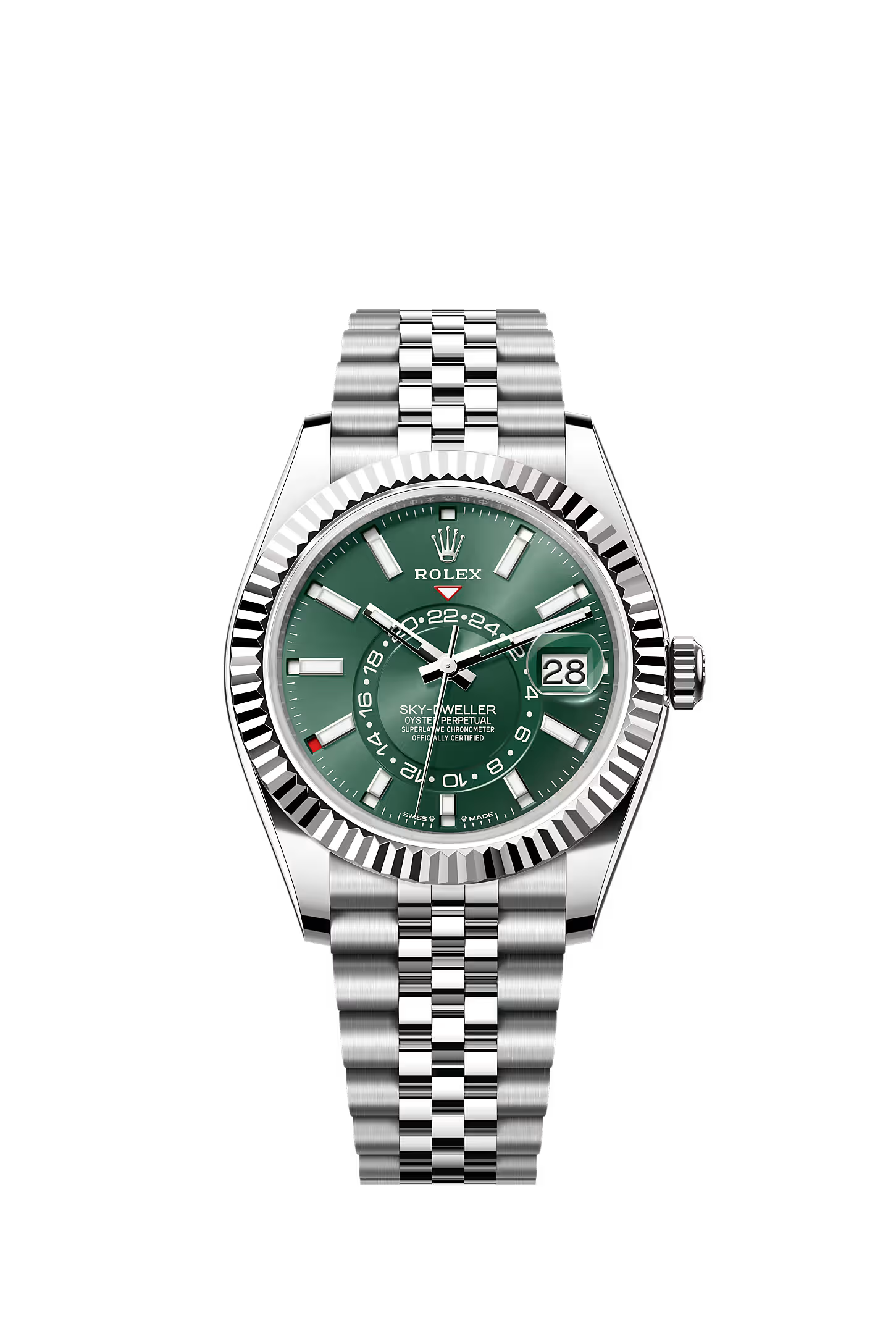 Skydweller: Oystersteel & White Gold - Mint Green Jubilee Bracelet